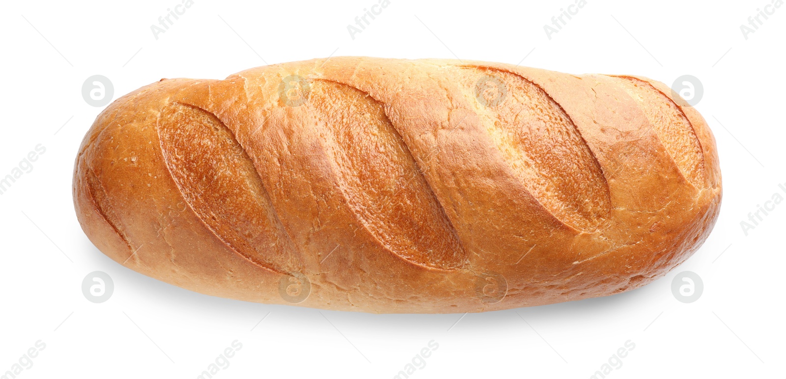 Photo of One freshly baked bread isolated on white, top view