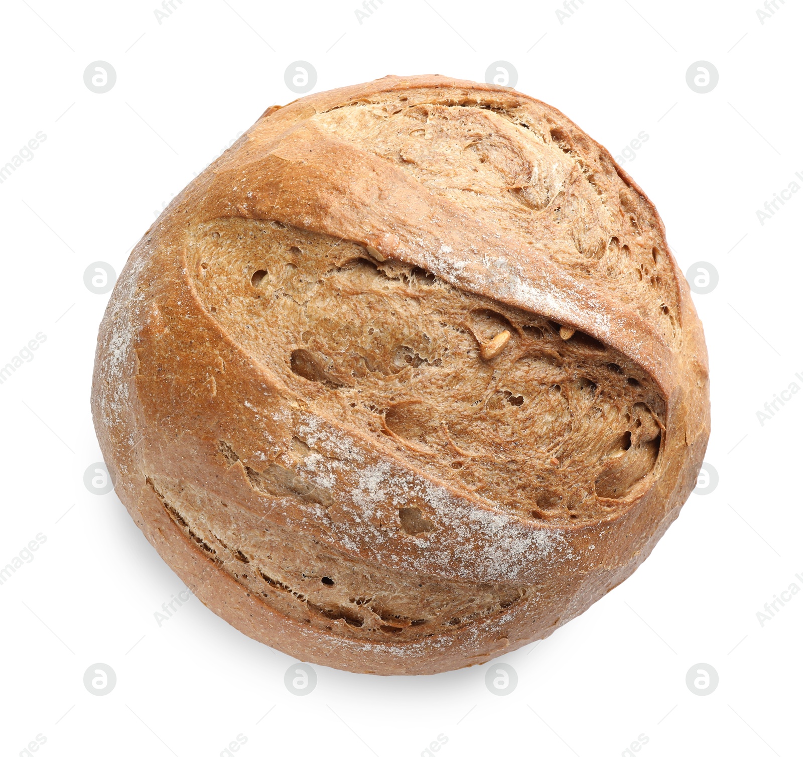 Photo of One freshly baked bread isolated on white, top view