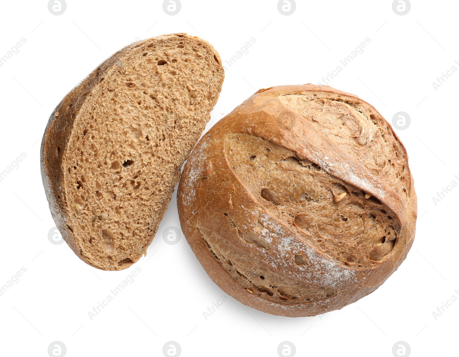 Photo of Whole and half of freshly baked bread isolated on white, top view