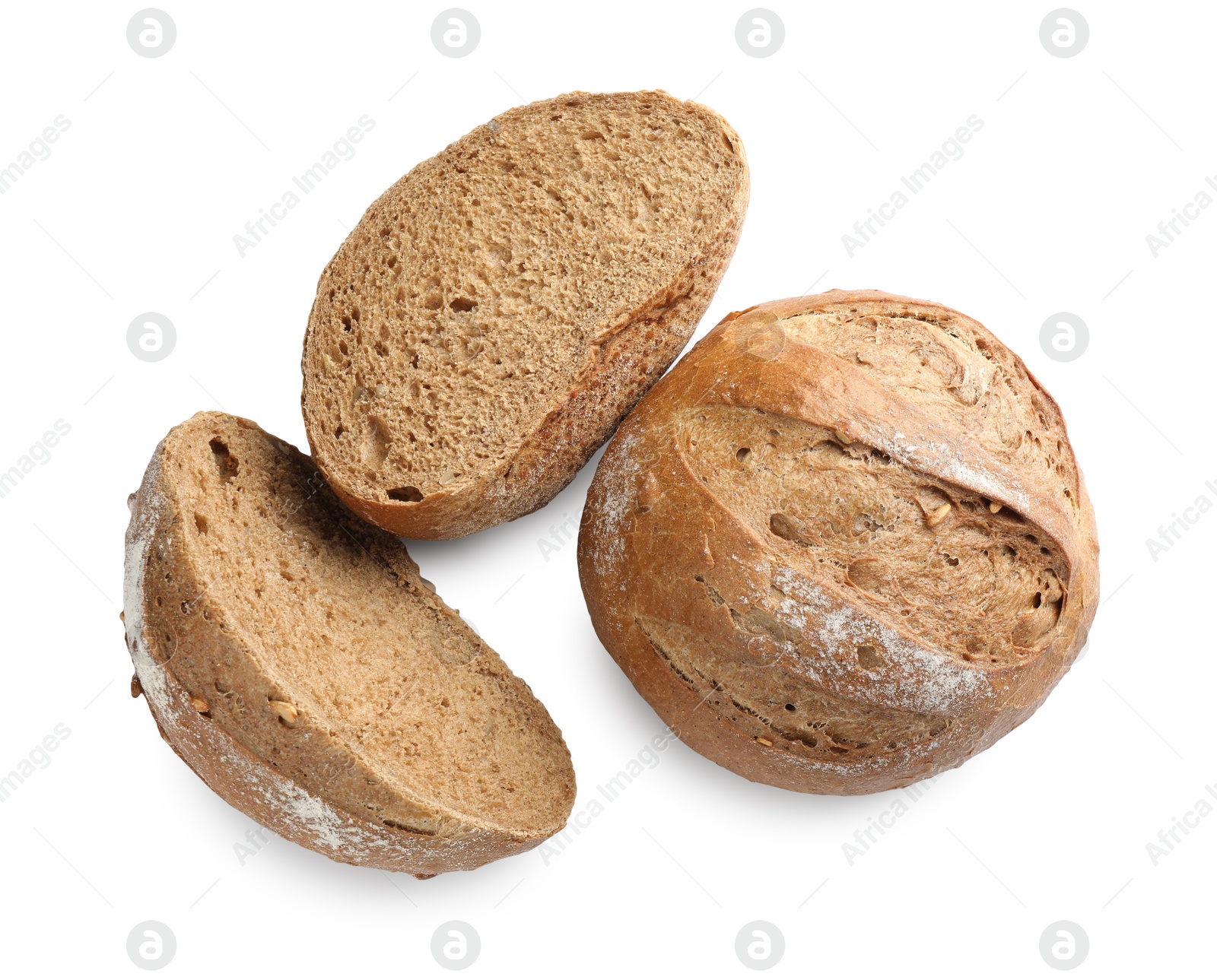 Photo of Whole and halves of freshly baked bread isolated on white, top view