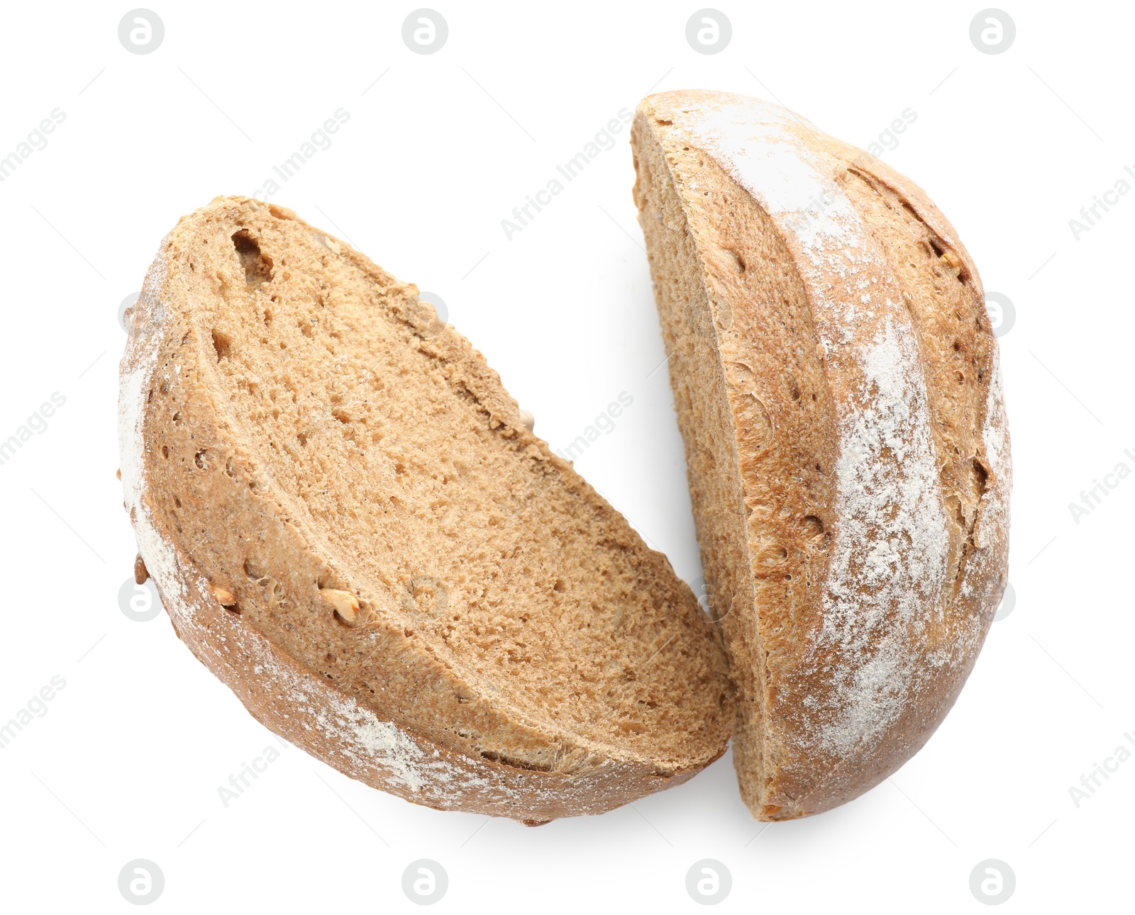 Photo of Halves of freshly baked bread isolated on white, top view