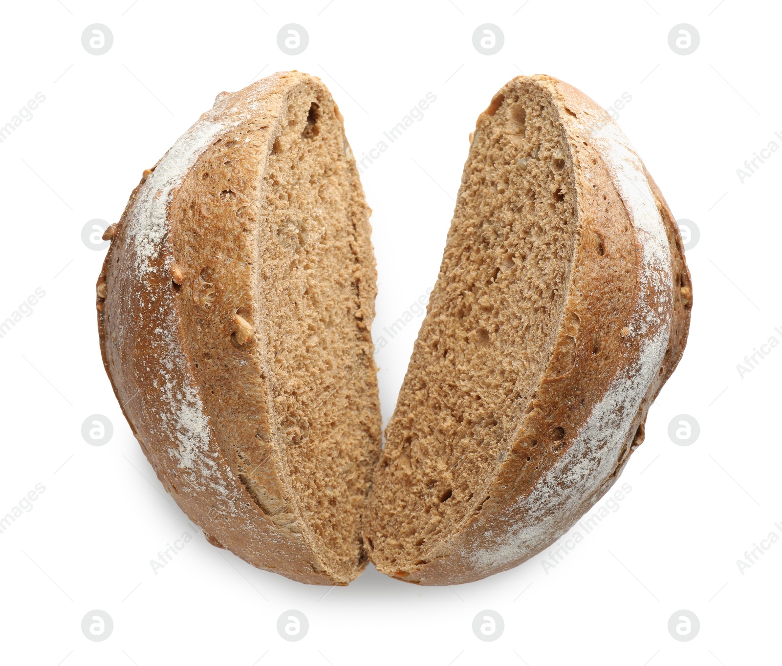 Photo of Halves of freshly baked bread isolated on white, top view