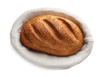 Photo of Freshly baked bread with seeds in basket isolated on white, top view