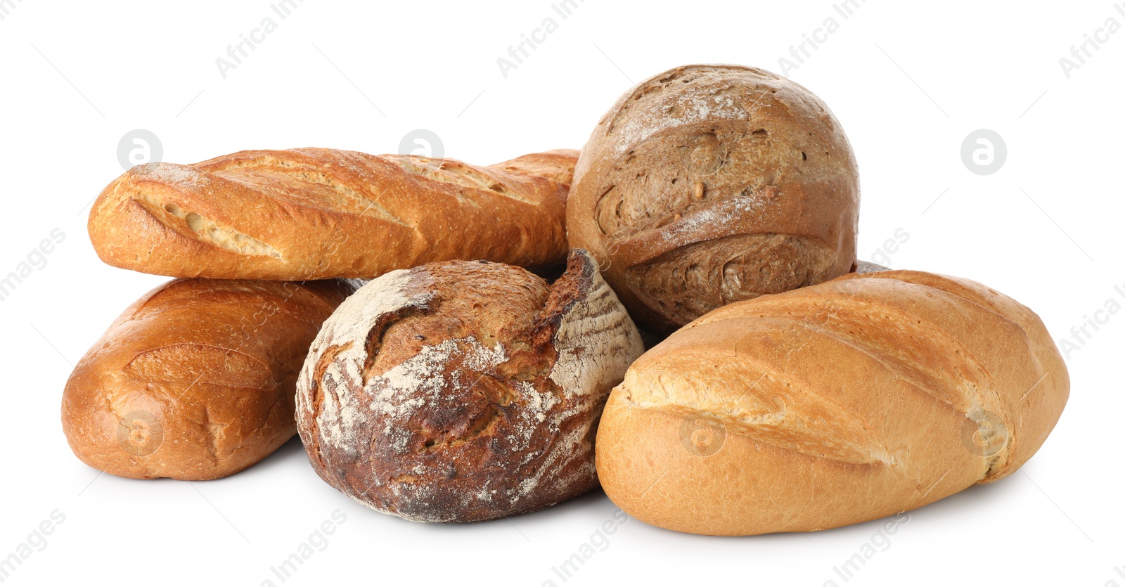 Photo of Different freshly baked bread loafs isolated on white