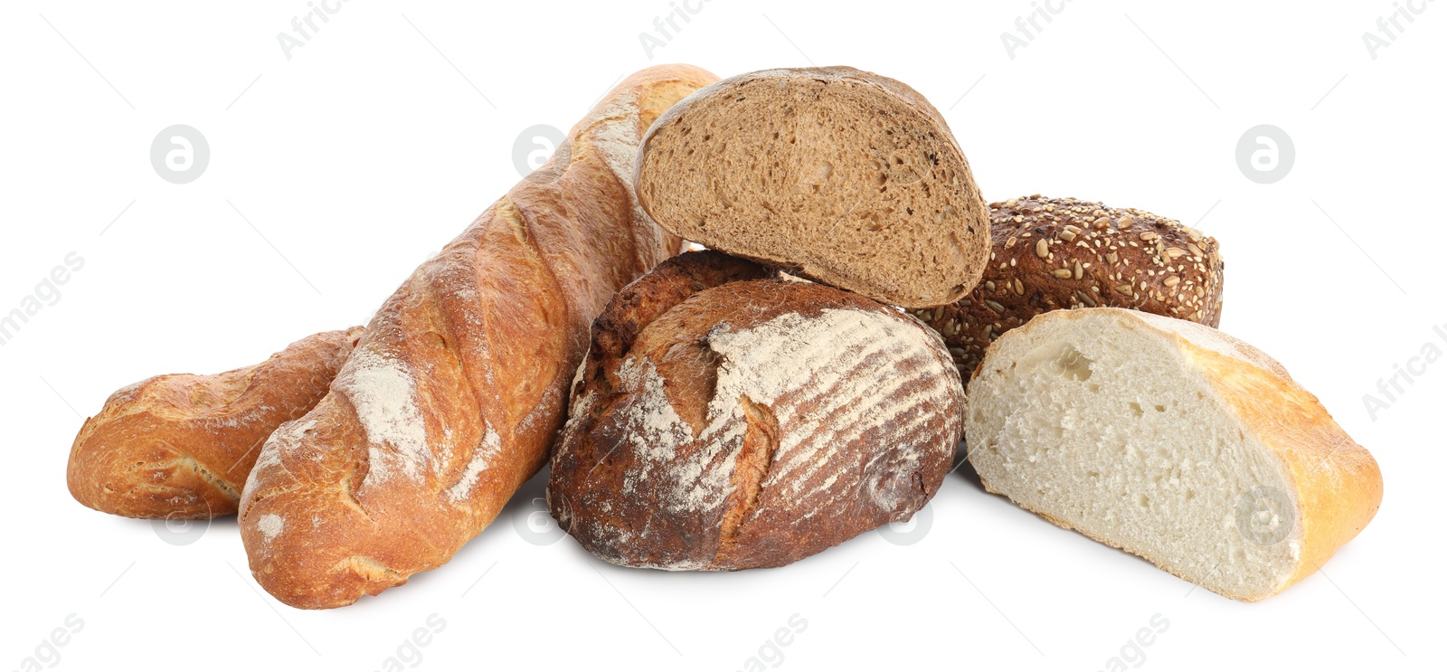 Photo of Different freshly baked bread loafs isolated on white