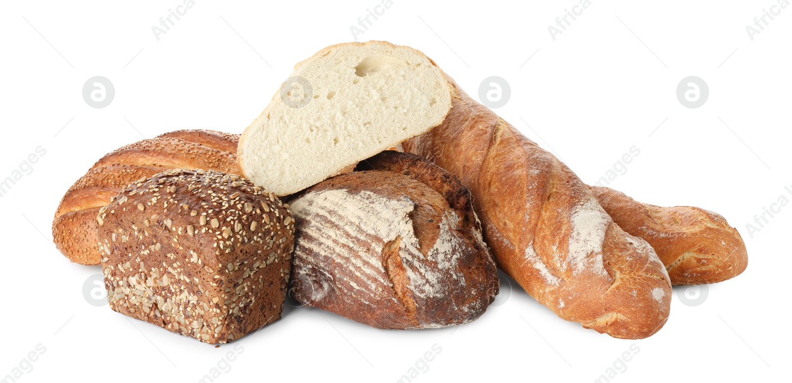 Photo of Different freshly baked bread loafs isolated on white