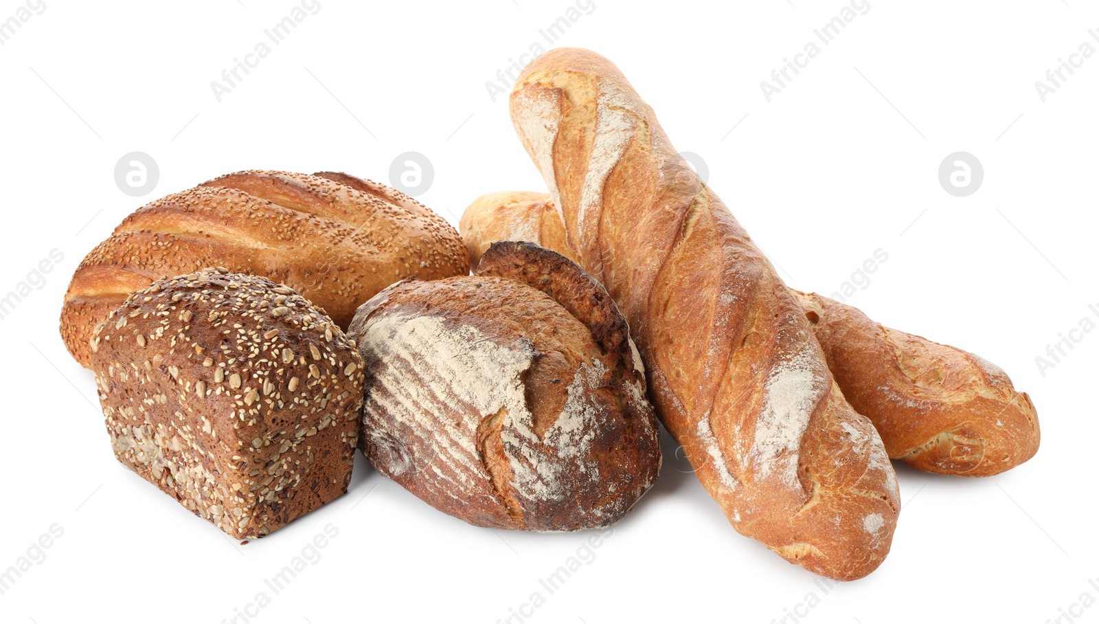 Photo of Different freshly baked bread loafs isolated on white