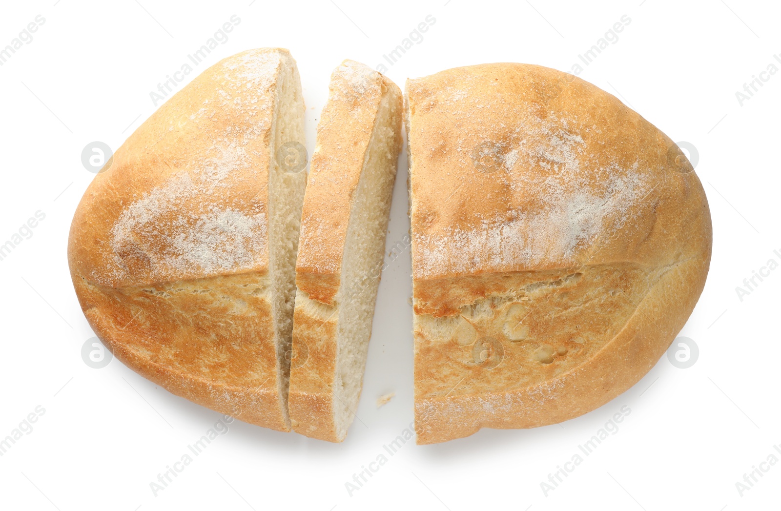 Photo of Pieces of fresh bread isolated on white, top view