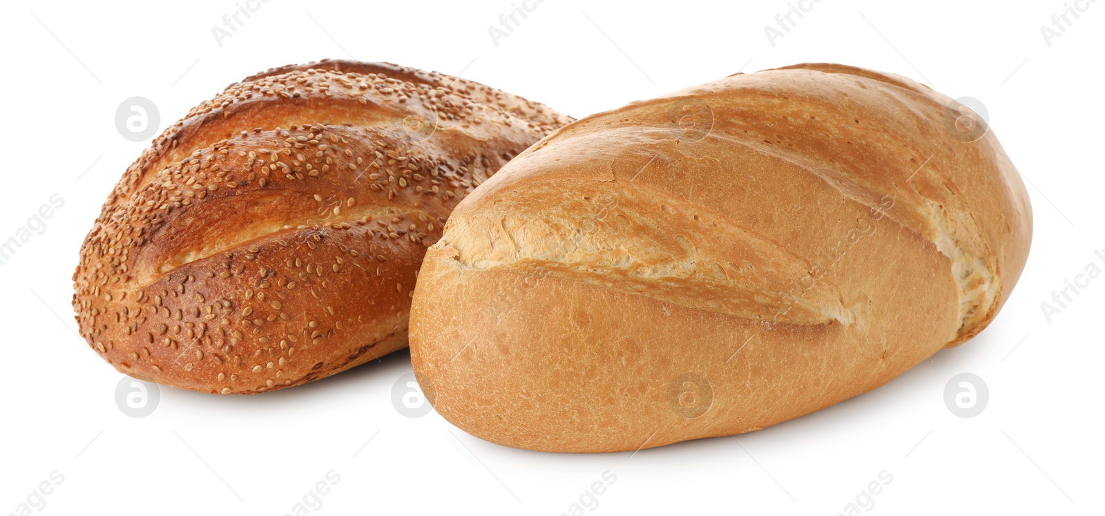 Photo of Two freshly baked bread loafs isolated on white