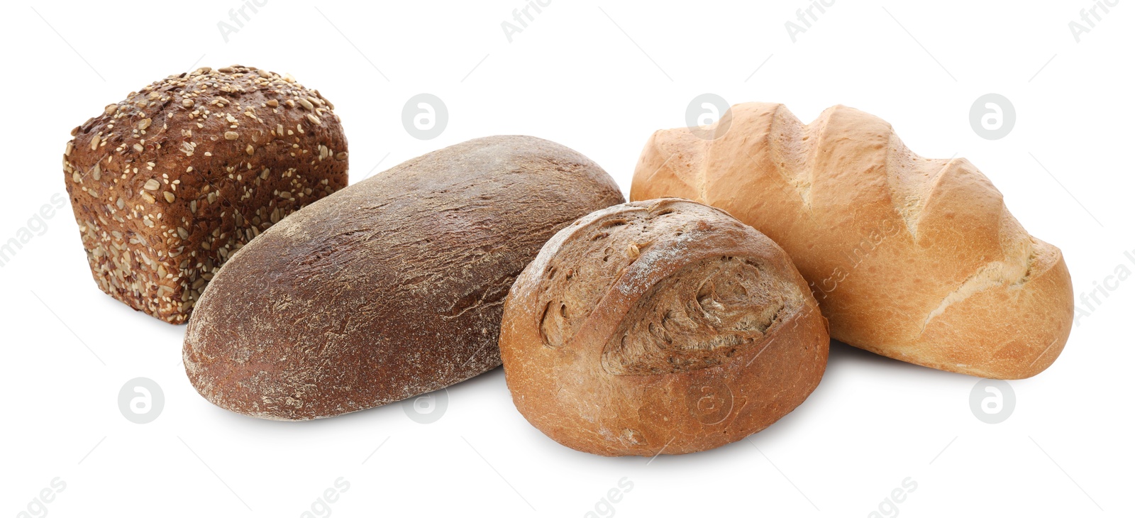 Photo of Different freshly baked bread loafs isolated on white