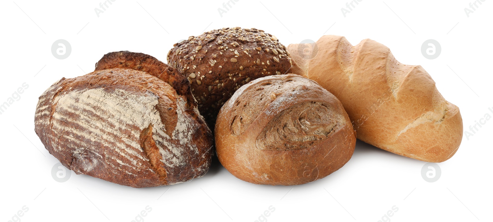 Photo of Different freshly baked bread loafs isolated on white