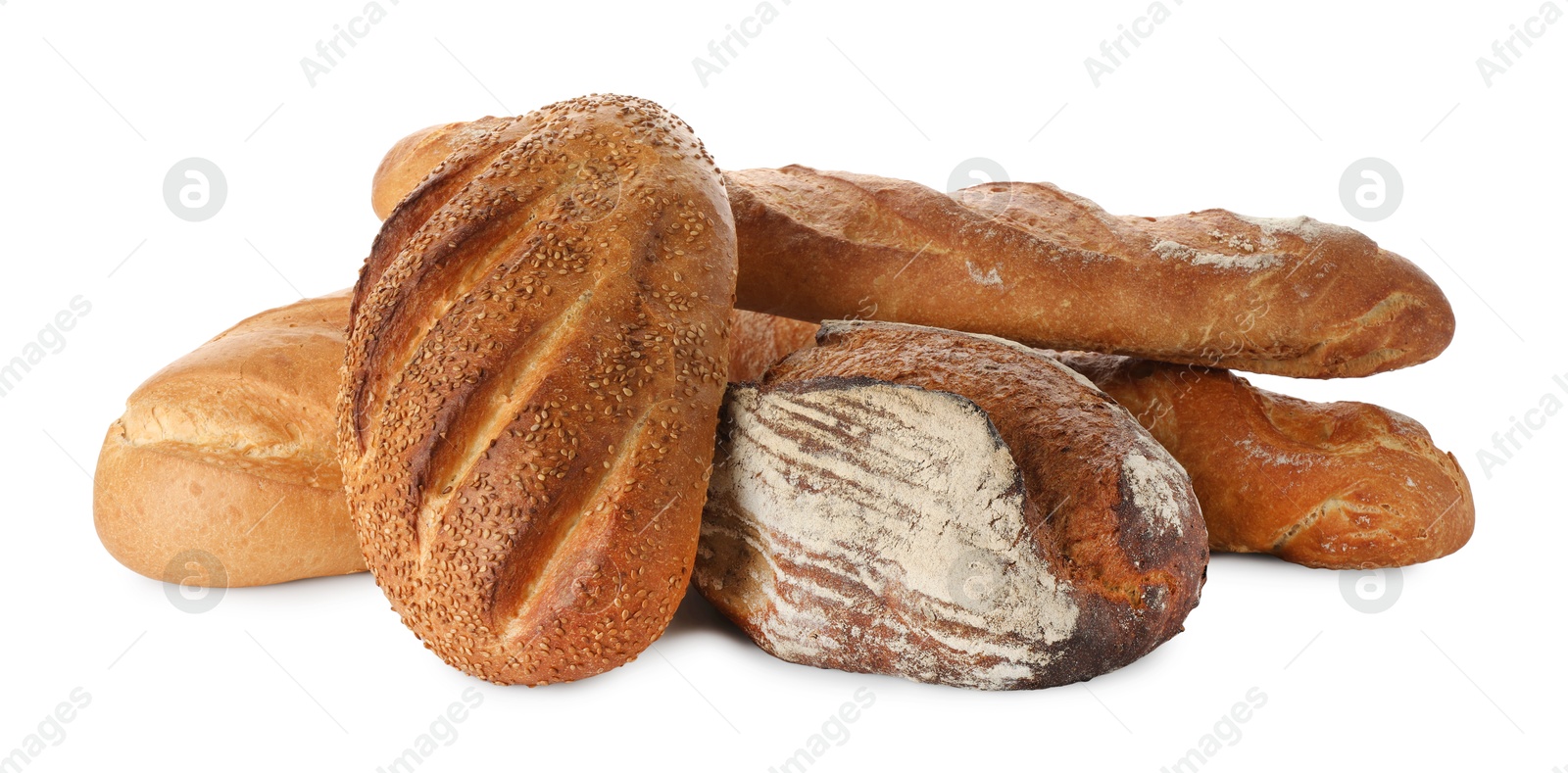 Photo of Different freshly baked bread loafs isolated on white