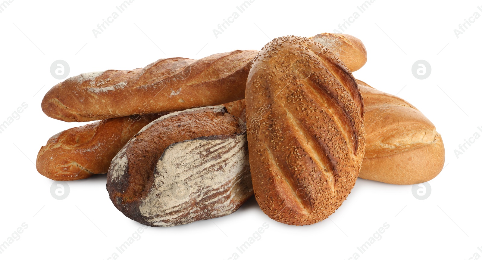 Photo of Different freshly baked bread loafs isolated on white