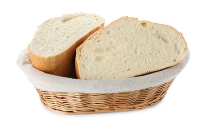 Photo of Halves of fresh bread in wicker basket isolated on white