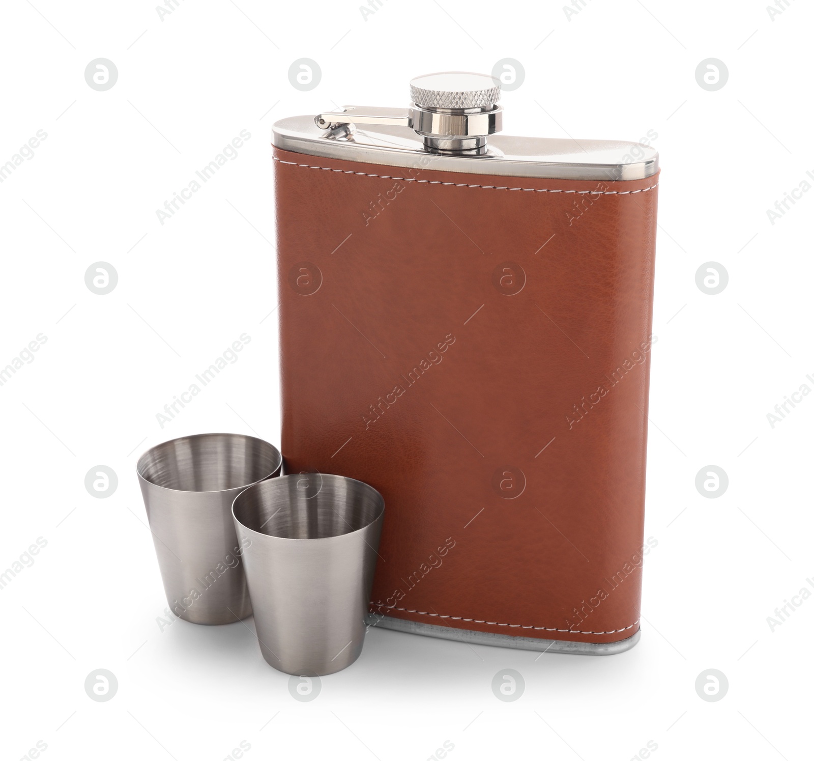 Photo of Hip flask and cups isolated on white