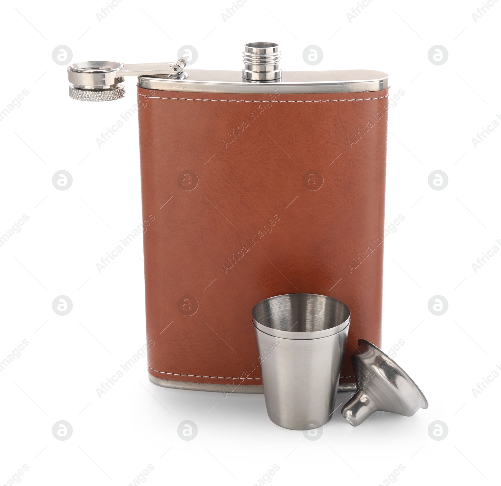 Photo of Hip flask, cup and funnel isolated on white