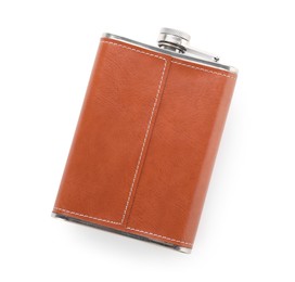 Photo of One hip flask isolated on white, top view