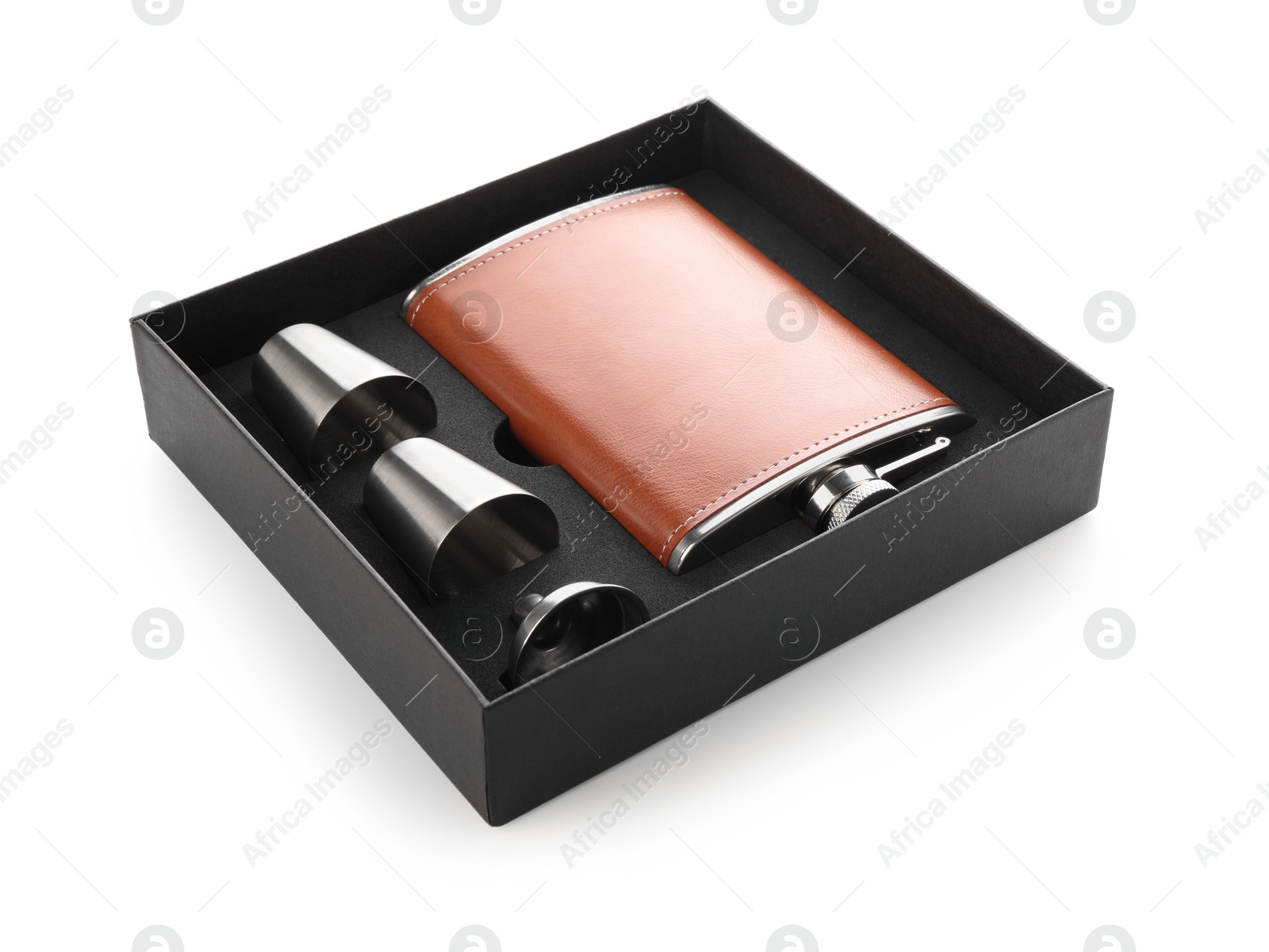 Photo of Hip flask, cups and funnel in package isolated on white