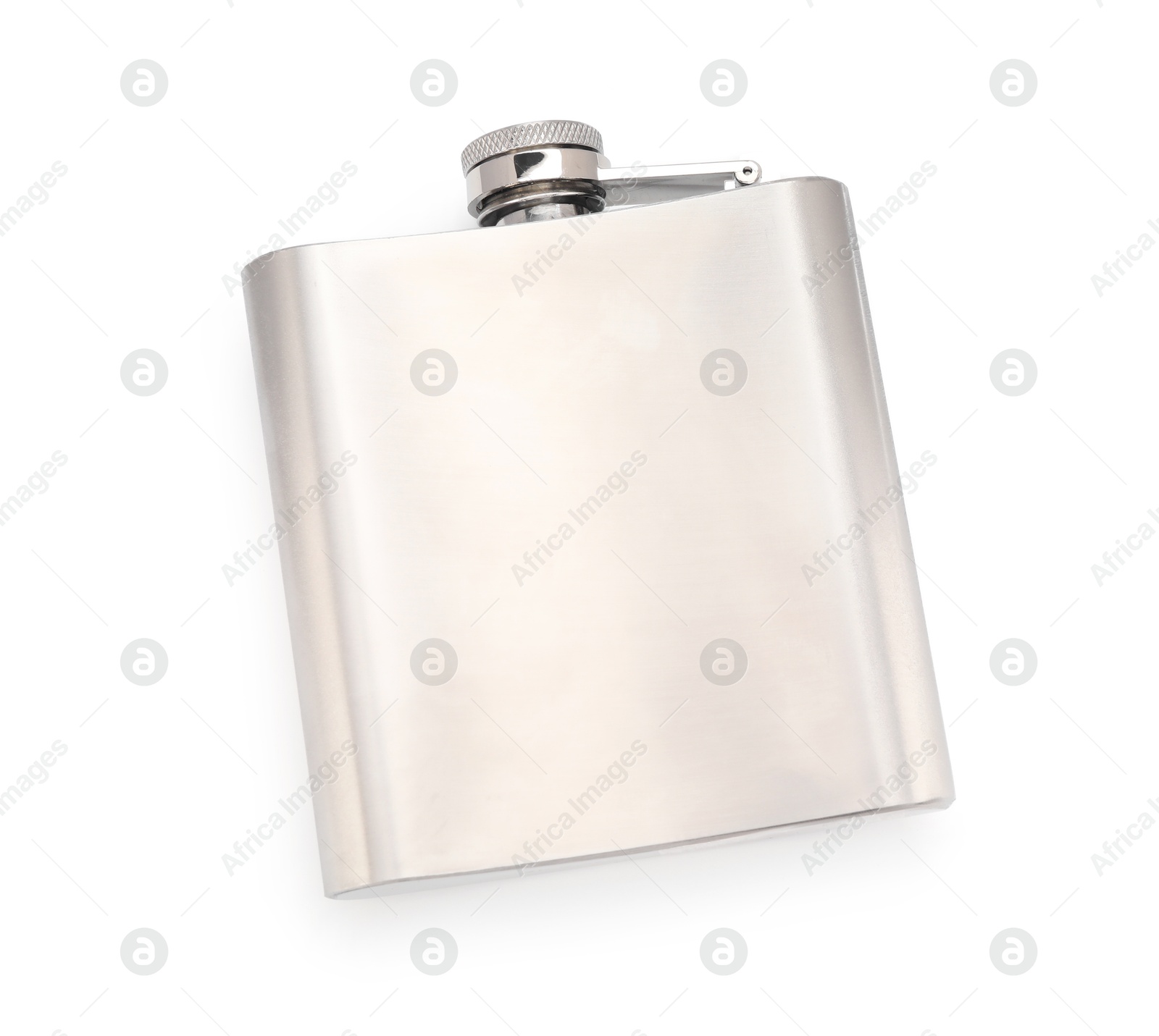 Photo of One metal hip flask isolated on white, top view