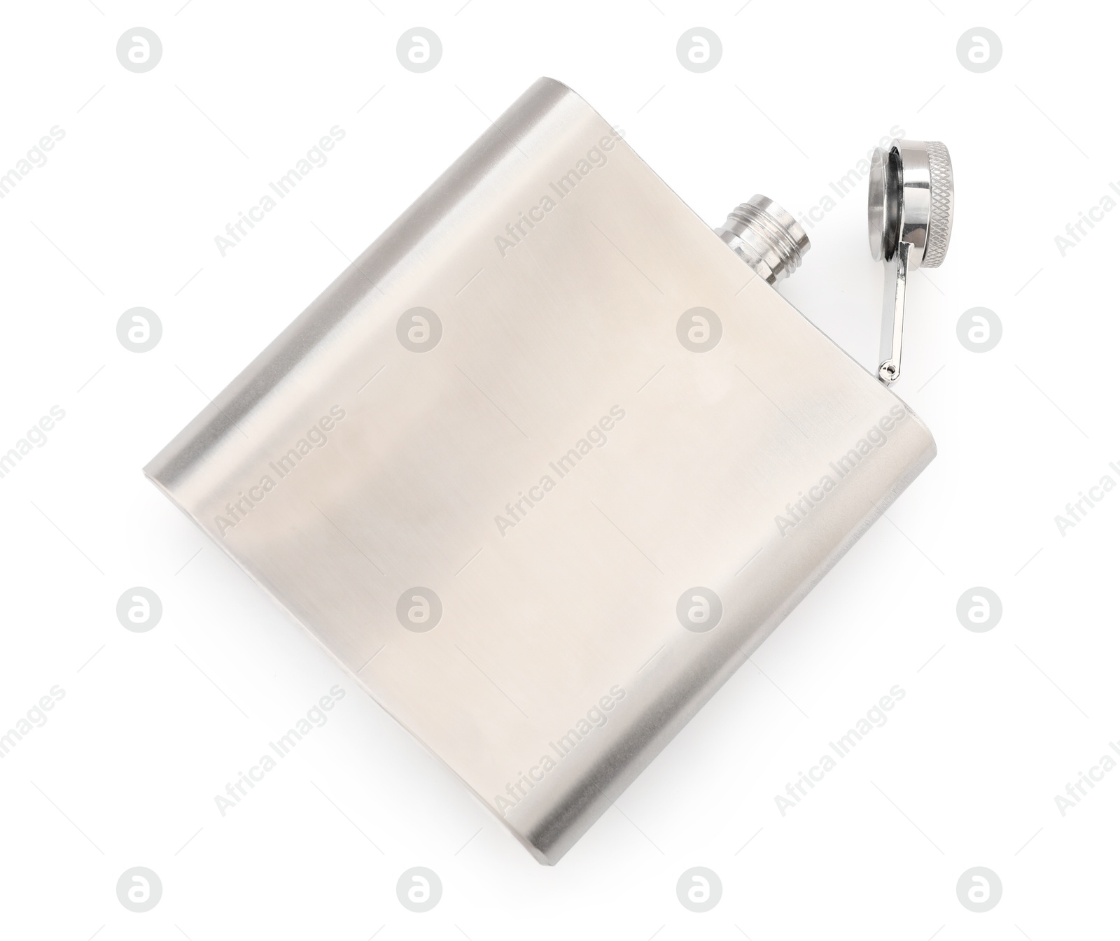 Photo of One metal hip flask isolated on white, top view