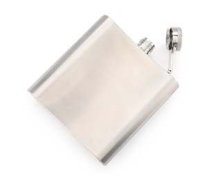 Photo of One metal hip flask isolated on white, top view