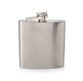 Photo of One metal hip flask isolated on white