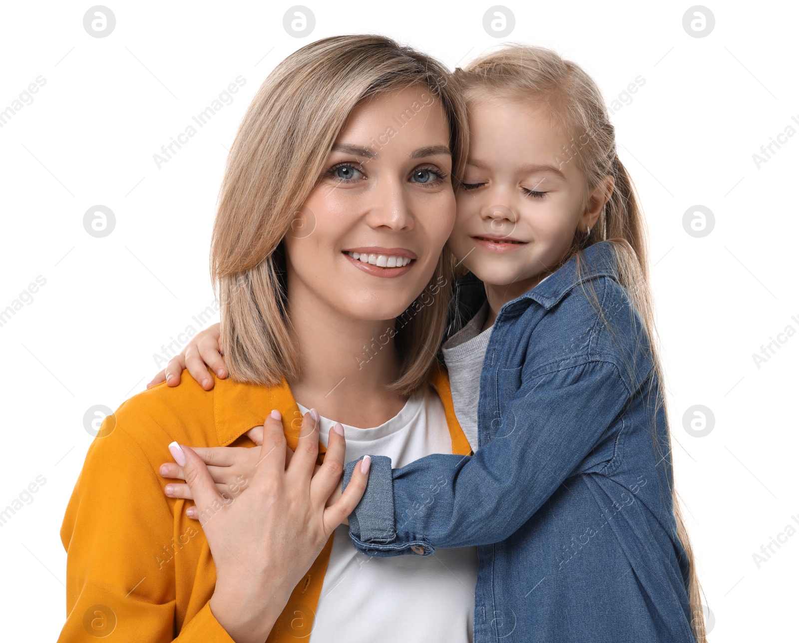 Photo of Happy mother with her cute little daughter on white background