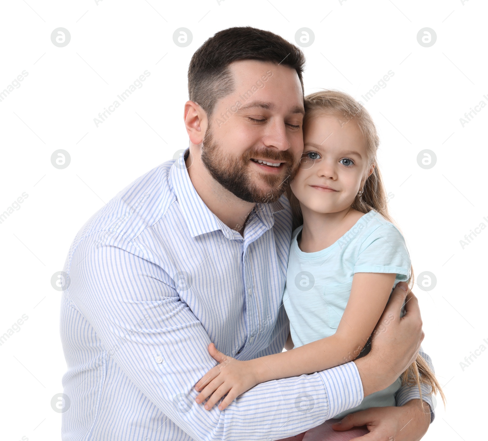 Photo of Happy father with his cute little daughter on white background