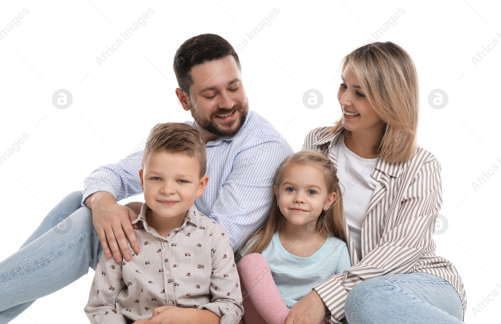 Photo of Happy parents and their children on white background