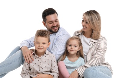 Photo of Happy parents and their children on white background