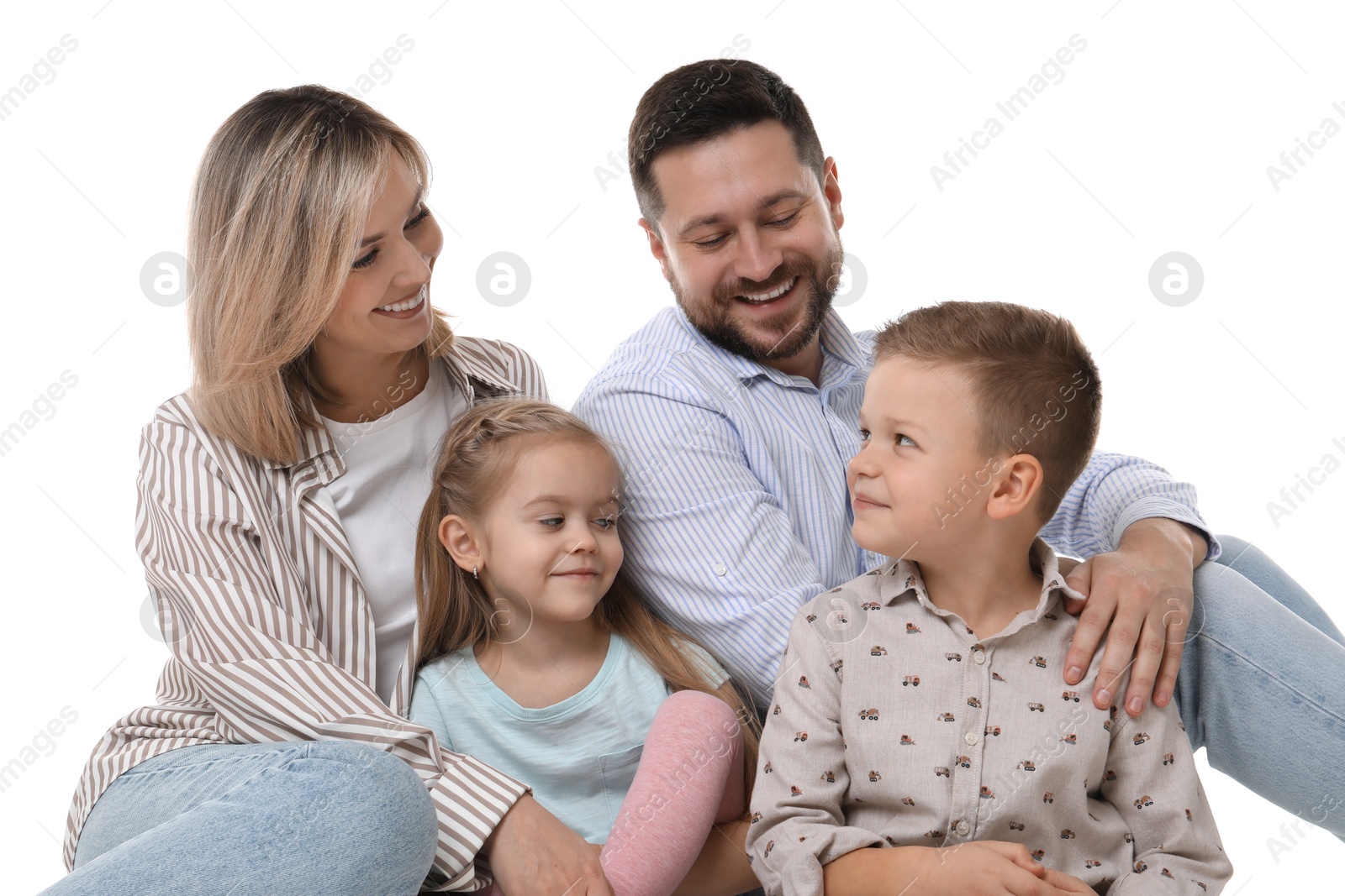 Photo of Happy parents and their children on white background