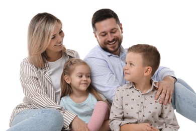 Photo of Happy parents and their children on white background