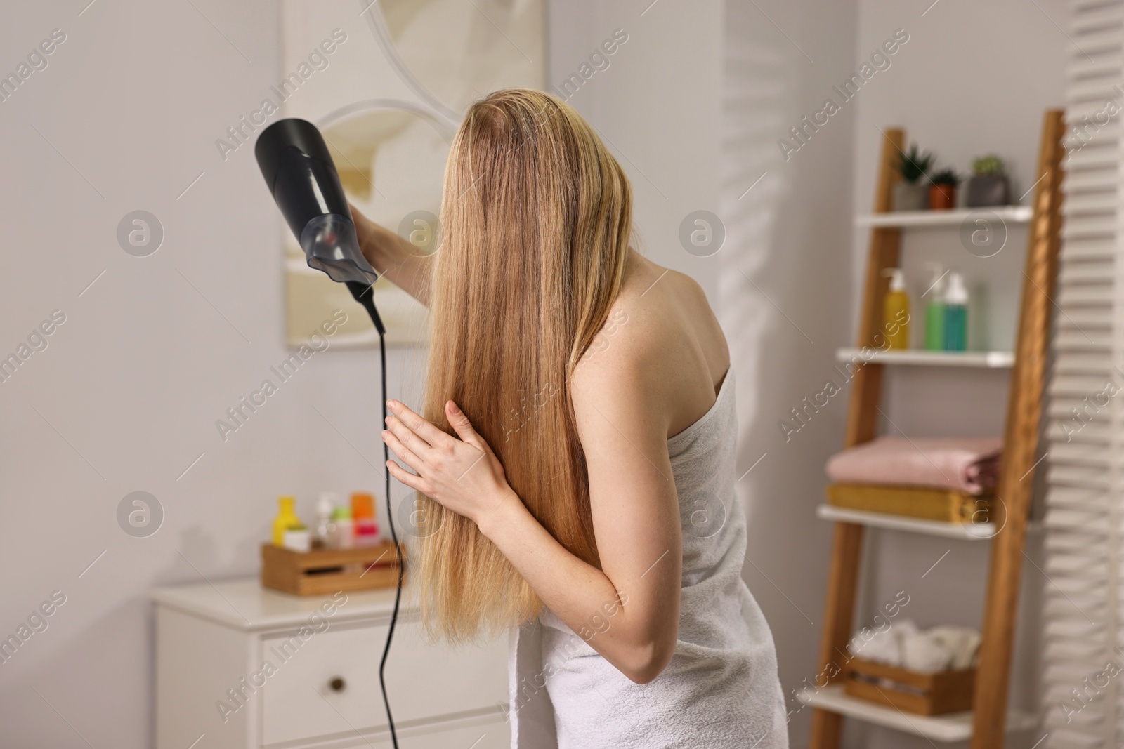 Photo of Beautiful young woman drying her hair in bathroom, back view