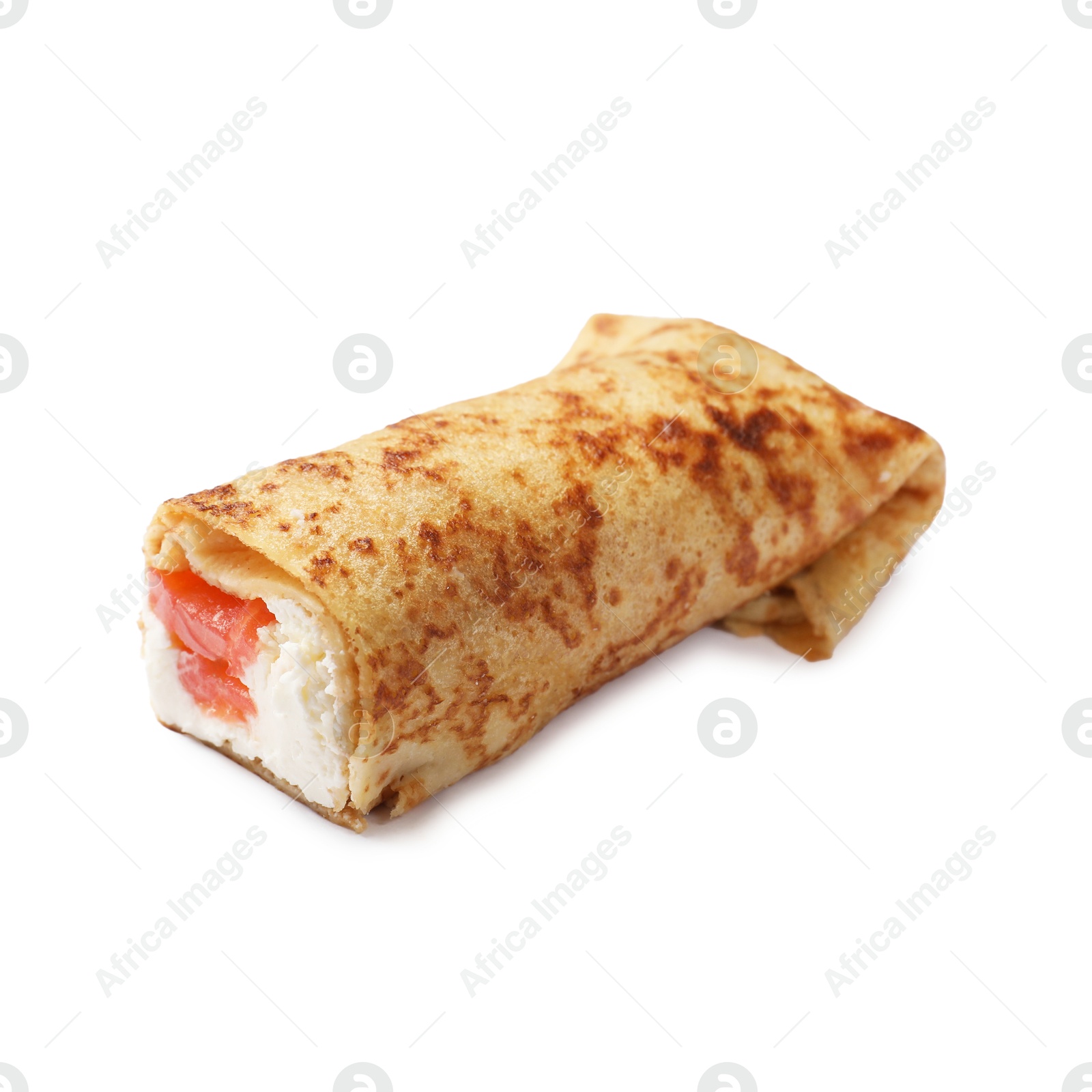 Photo of Delicious crepe with salmon and cream cheese isolated on white