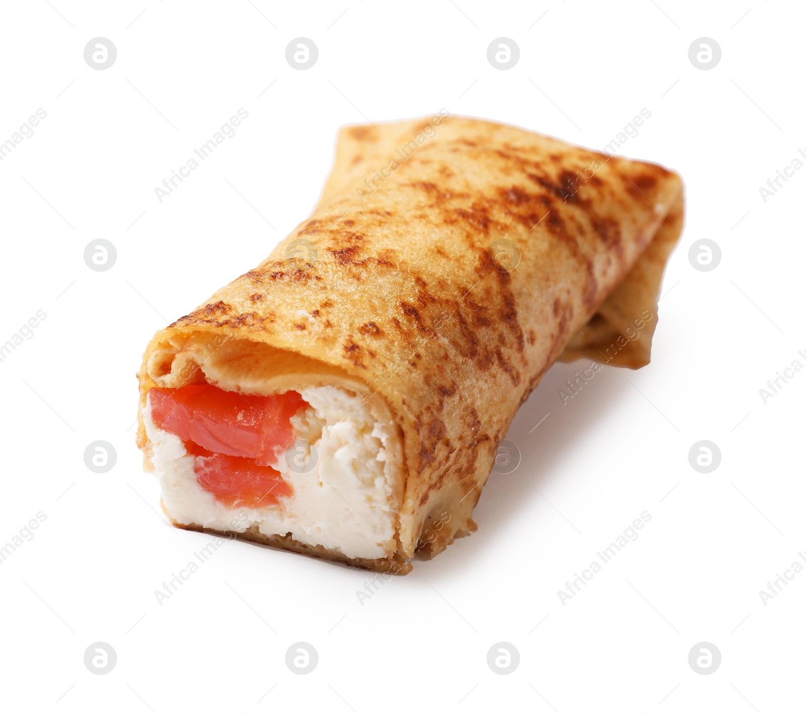 Photo of Delicious crepe with salmon and cream cheese isolated on white