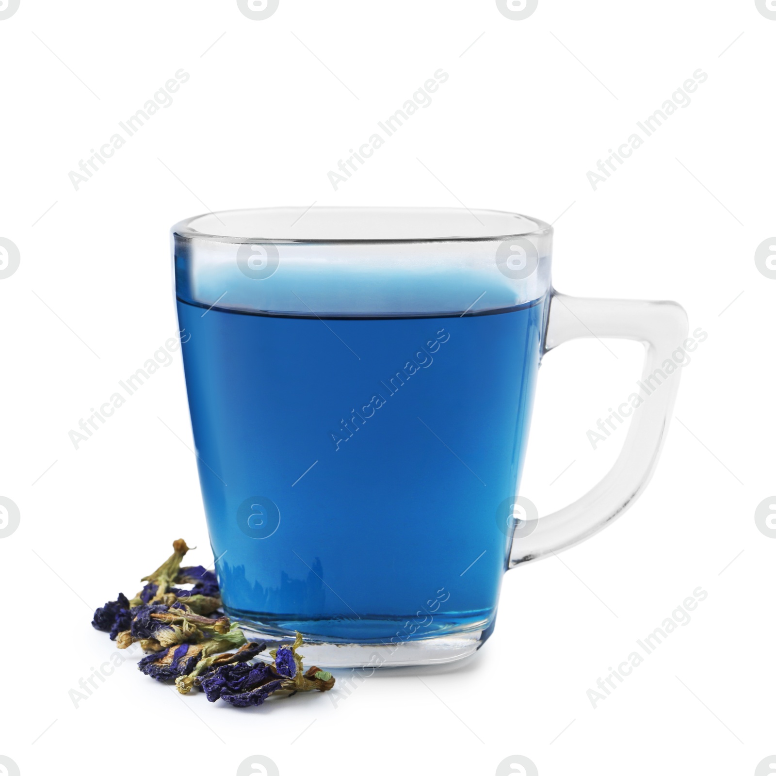 Delicious butterfly pea flower tea isolated on white Photo of Delicious butterfly pea flower tea isolated on white