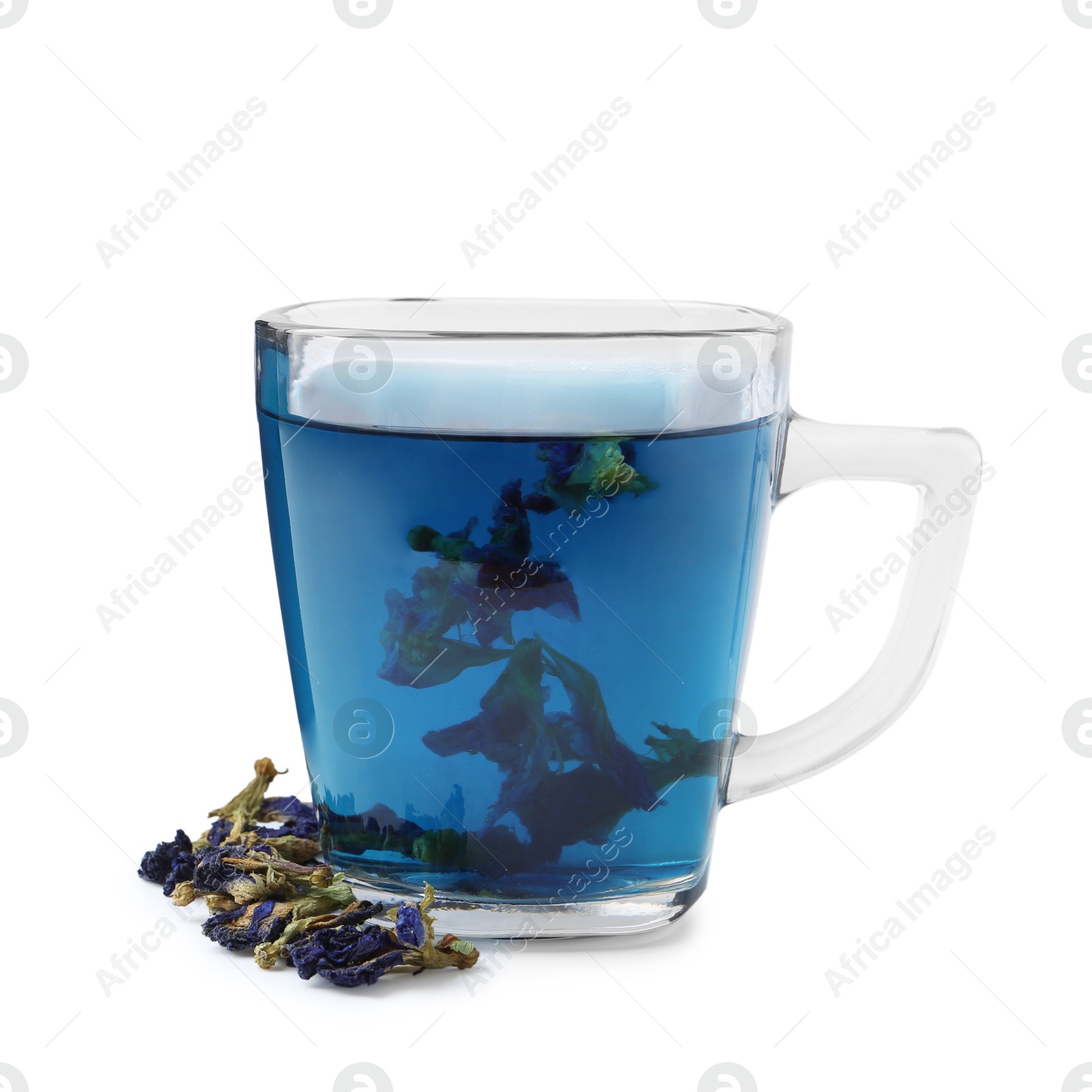 Delicious butterfly pea flower tea isolated on white Photo of Delicious butterfly pea flower tea isolated on white
