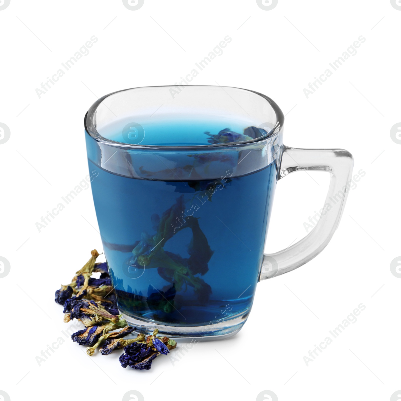 Photo of Delicious butterfly pea flower tea isolated on white