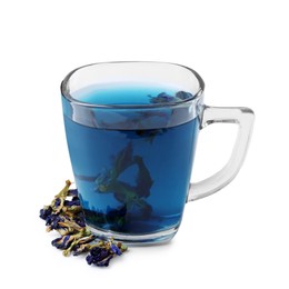 Photo of Delicious butterfly pea flower tea isolated on white