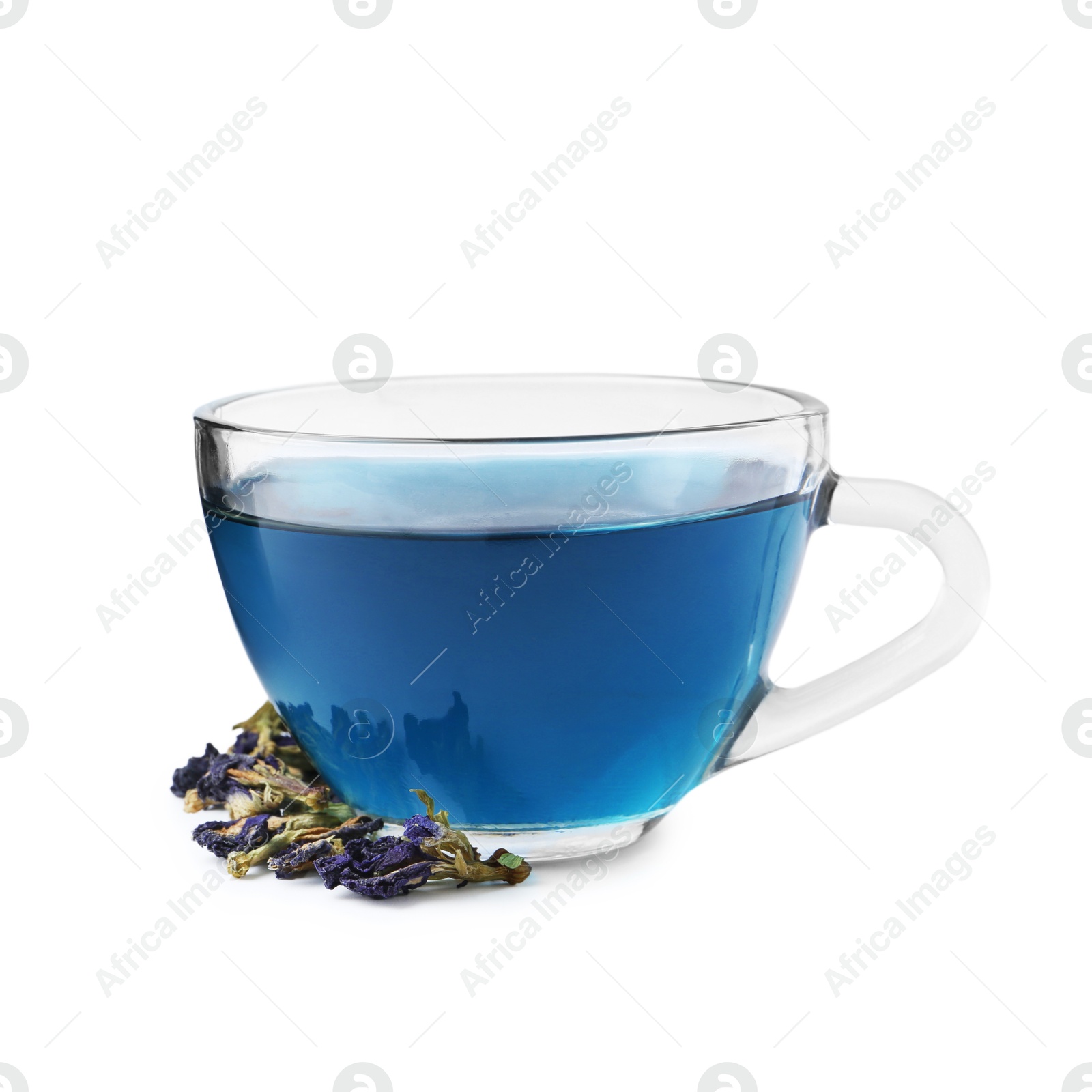 Photo of Delicious butterfly pea flower tea isolated on white