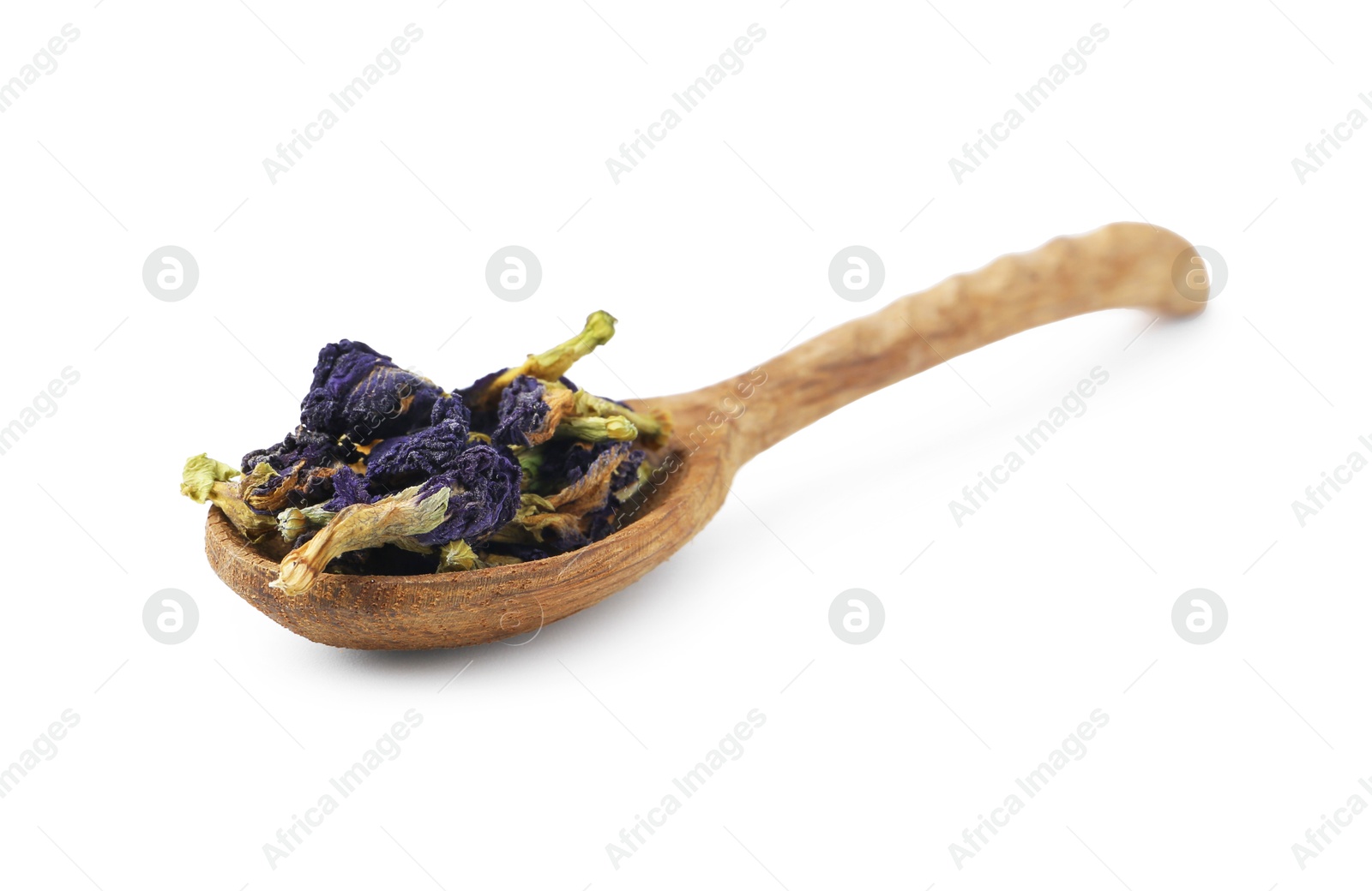 Photo of Spoon with butterfly pea flower tea isolated on white