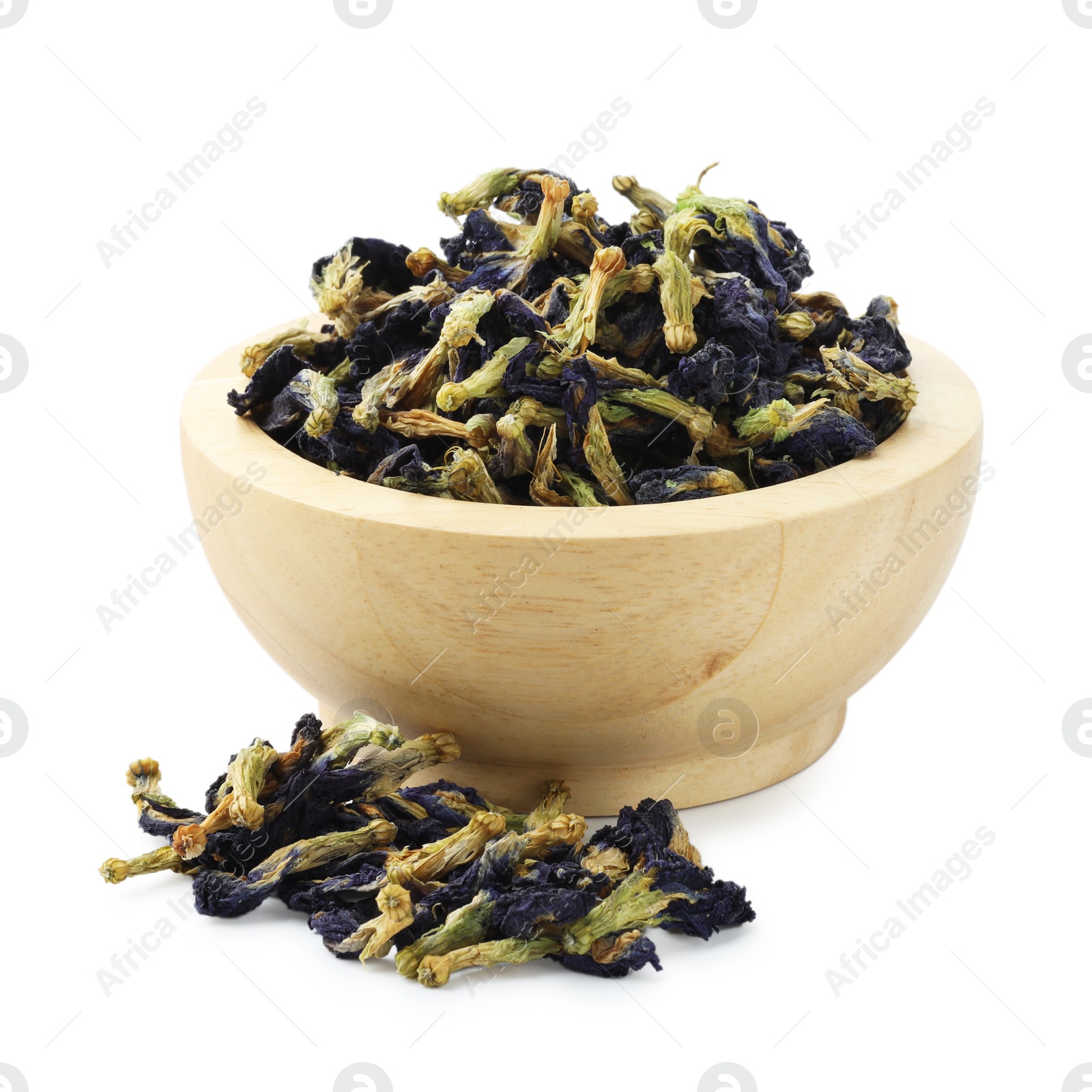 Photo of Butterfly pea flower tea. Dry Clitoria ternatea petals isolated on white