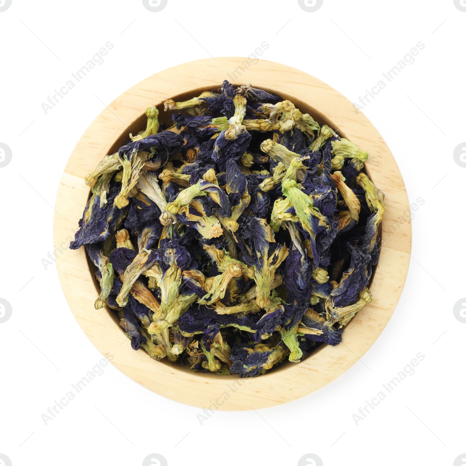 Photo of Butterfly pea flower tea. Dry Clitoria ternatea petals in bowl isolated on white, top view