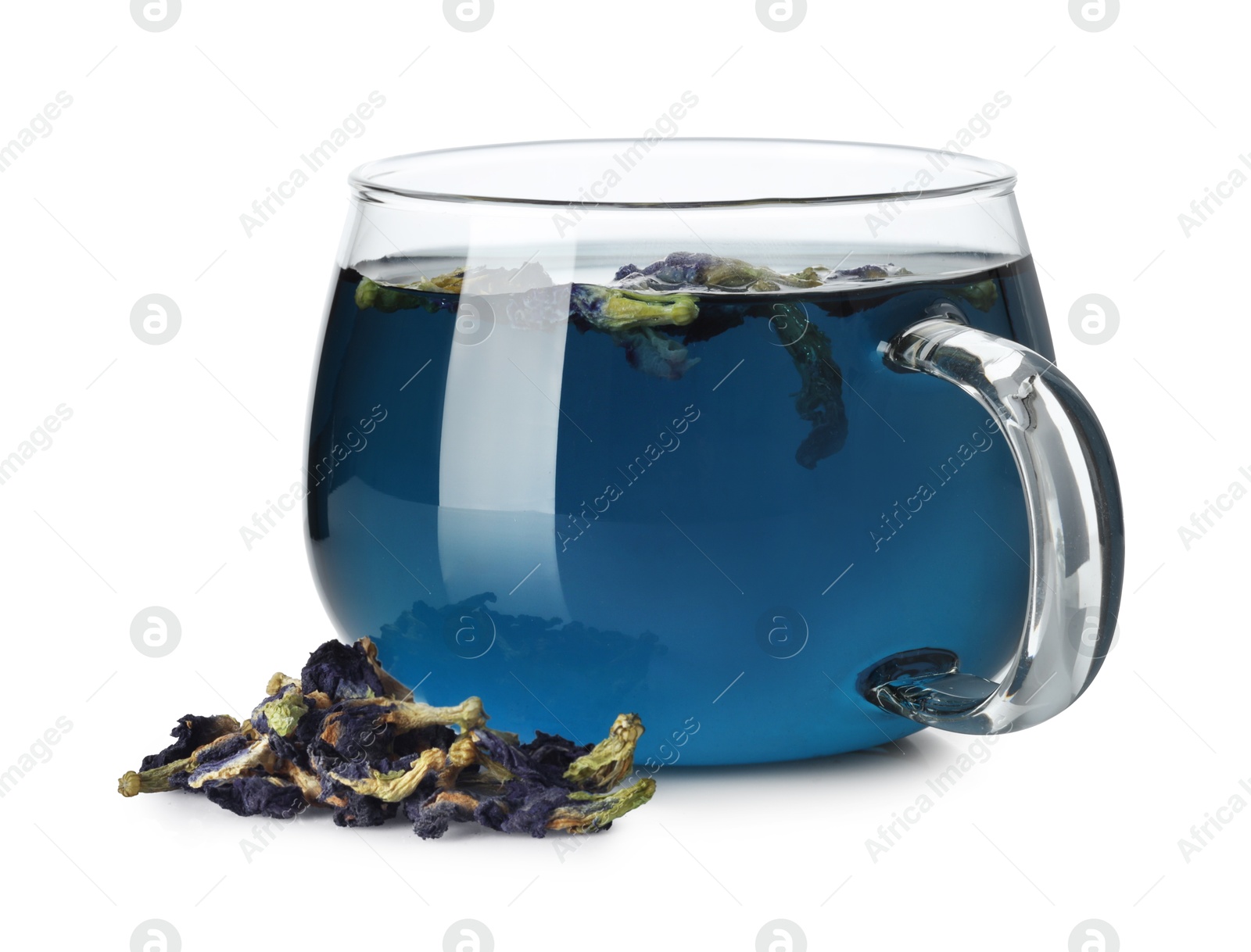 Photo of Fresh butterfly pea flower tea in cup and dry petals isolated on white