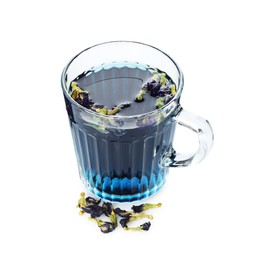 Photo of Fresh butterfly pea flower tea in cup and dry petals isolated on white