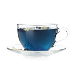 Photo of Fresh butterfly pea flower tea in cup isolated on white