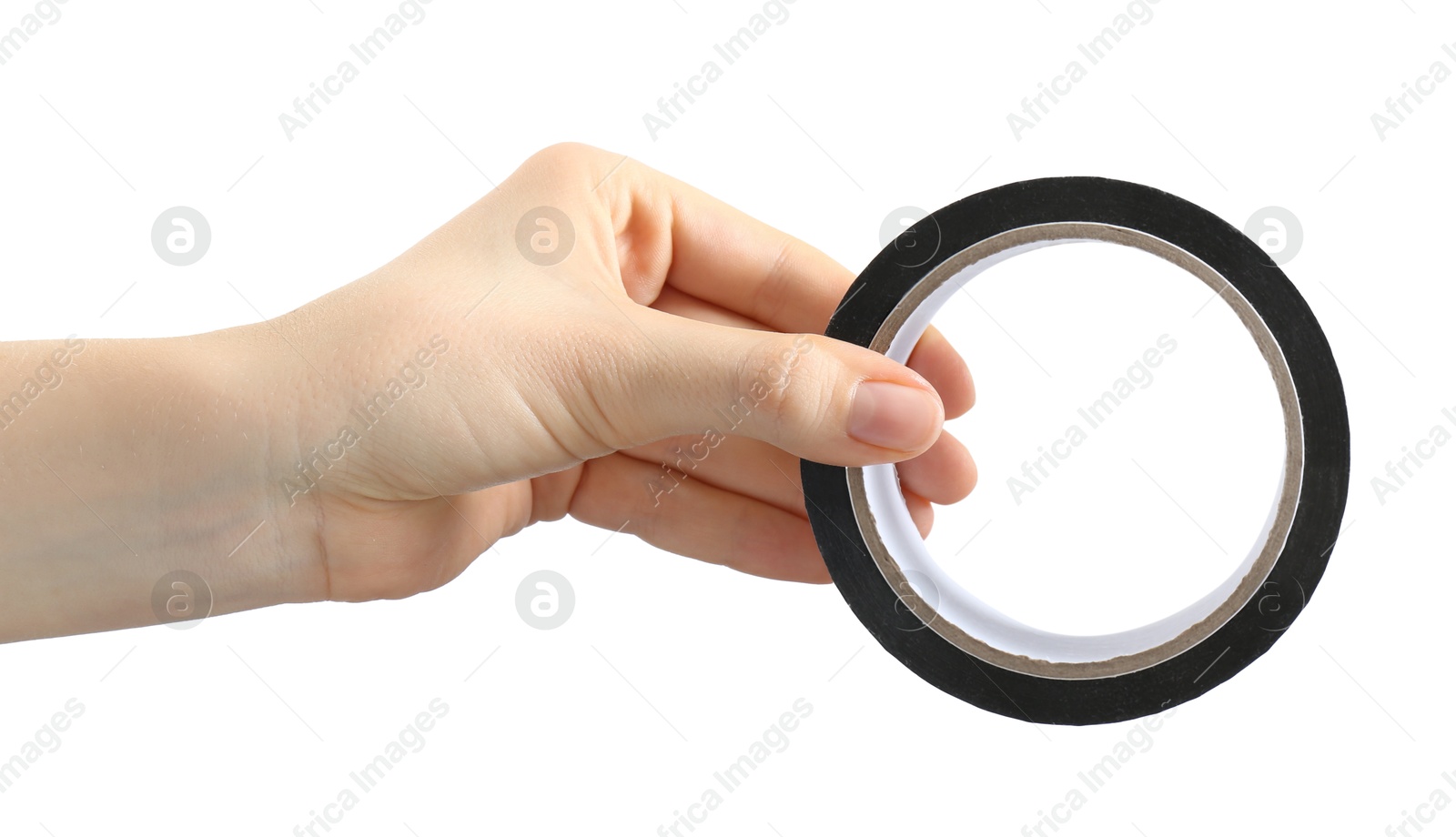 Photo of Woman with roll of black adhesive tape on white background, closeup