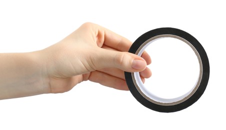 Photo of Woman with roll of black adhesive tape on white background, closeup