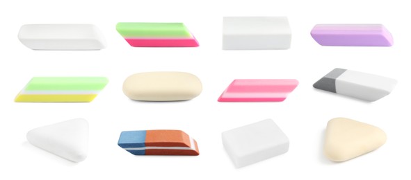 Image of Many different erasers isolated on white, set