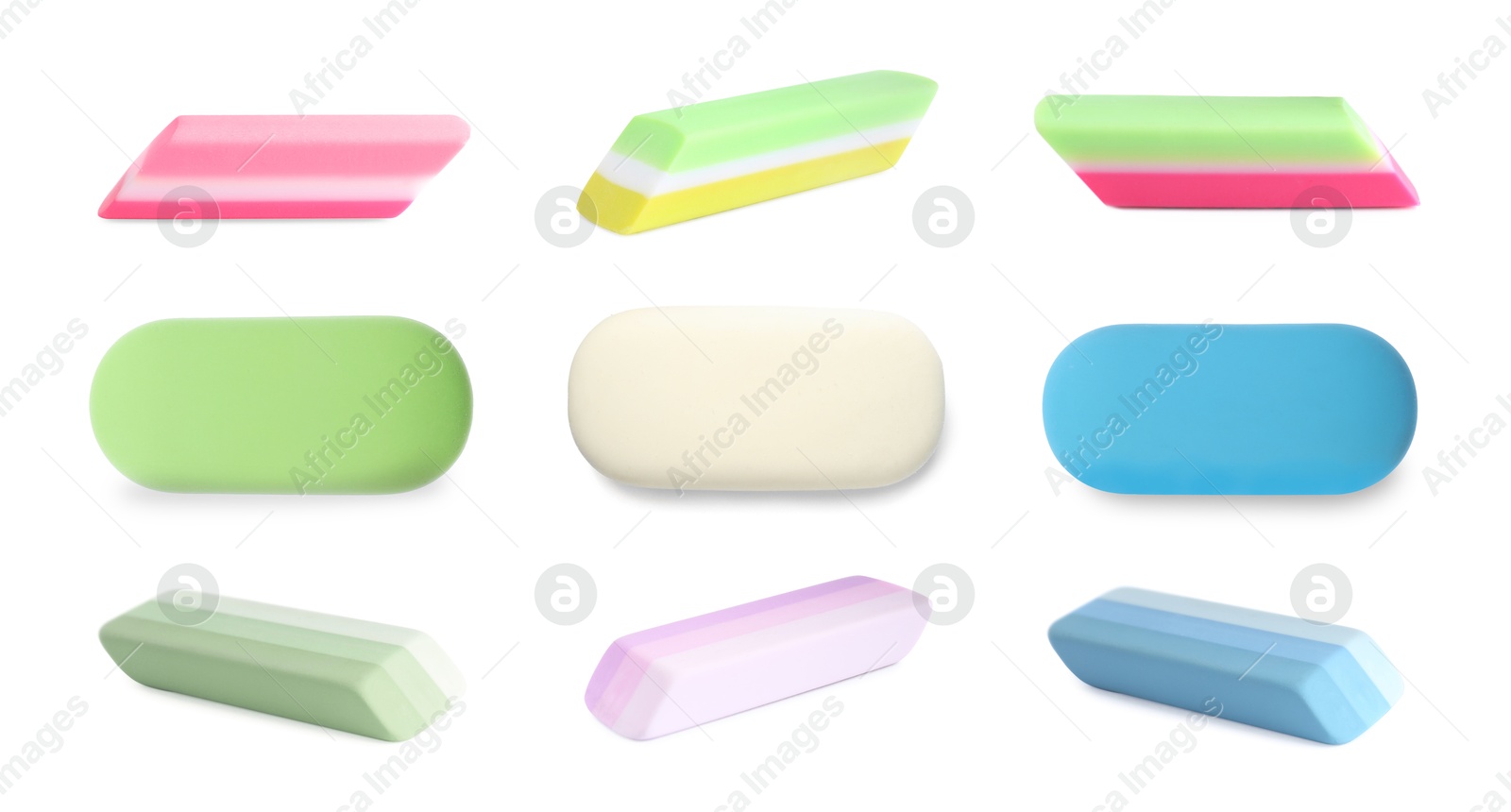 Image of Many different erasers isolated on white, set